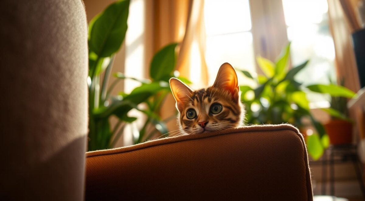 cat hiding behind furniture