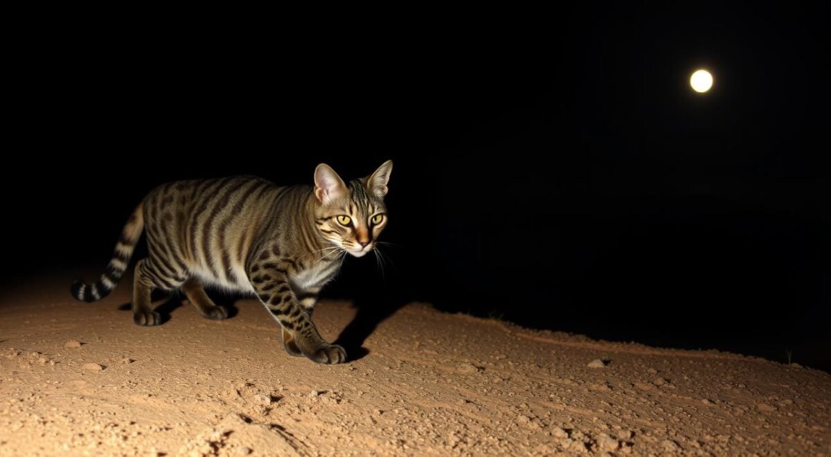 Black-footed cat hunting at night