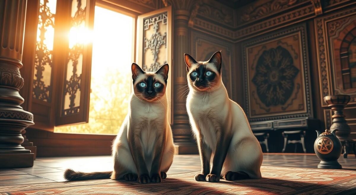 Traditional Siamese Cats in Historical Setting